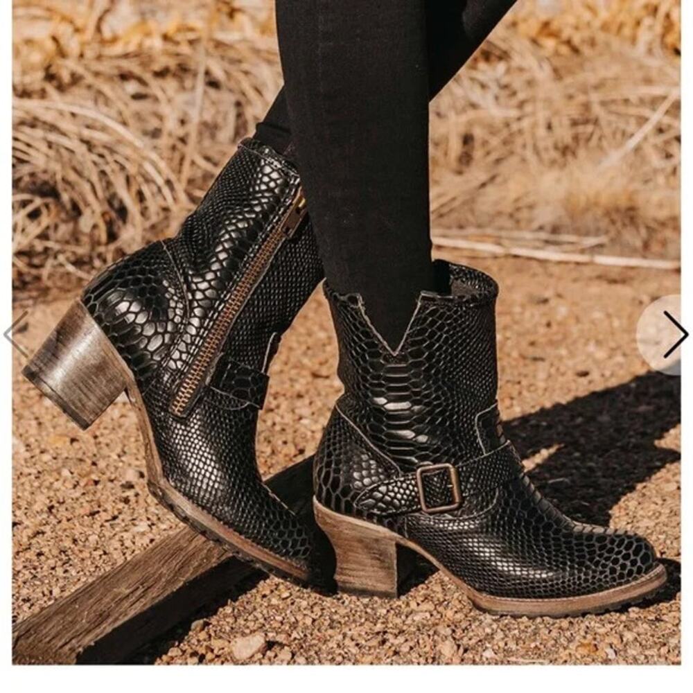 FREEBIRD by Steven Carlito Snake Black Leather Boots Snakeskin Embossed Bootie